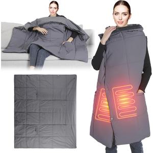iMounTEK Electric Throw Blanket USB Heated Blanket Electric Heated Poncho Shawl Wrap Throw w/Zipper Arm Holes Pocket 3 Heating Level 6 Zones Dual Switch Machine Washable for Home Outdoor/Grey(Medium)