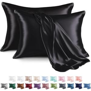MR&HM Satin Pillowcase for Hair and Skin, Silk Satin Pillowcase 2 Pack, Queen Size Pillow Cases Set of 2, Silky Pillow Cover with Envelope Closure (20x30, Black)