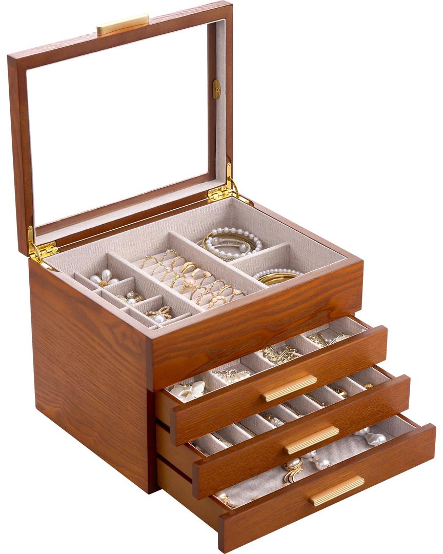 Lolalet Jewelry Box, Clear Window Wood Jewelry Storage for Earrings Bracelets Necklaces Rings, High Capacity Organizer for Women, Valentine's Day Gift -Cherrywood, 4 Layers