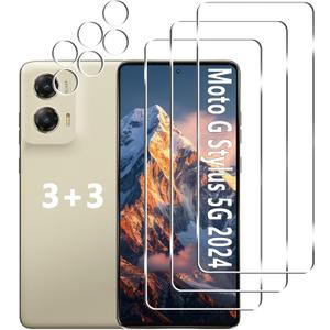 [3+3 Pack] Moto G Stylus 5G 2024 Screen Protector + Camera Lens Protector, 9H Tempered Glass, Anti Scratch, Easy Installation, Bubble Free, HD Screen Protector for Motorola Moto G Stylus 5G 2024