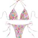 COZYEASE Women's 2 Piece Floral Bikini Sets Smocked Drawstring Side Triangle Halter Sexy Cute Swimsuits (L)