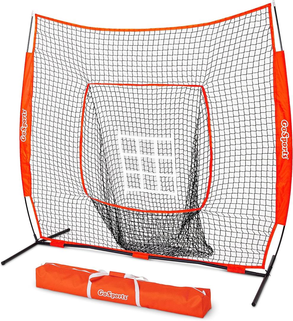 GoSports 7 ft x 7 ft Baseball & Softball Nets - Red, Black, Drip or PRO - Practice Hitting & Pitching Net with Bow Type Frame, Carry Bag and Strike Zone, Great for All Skill Levels, Regulation