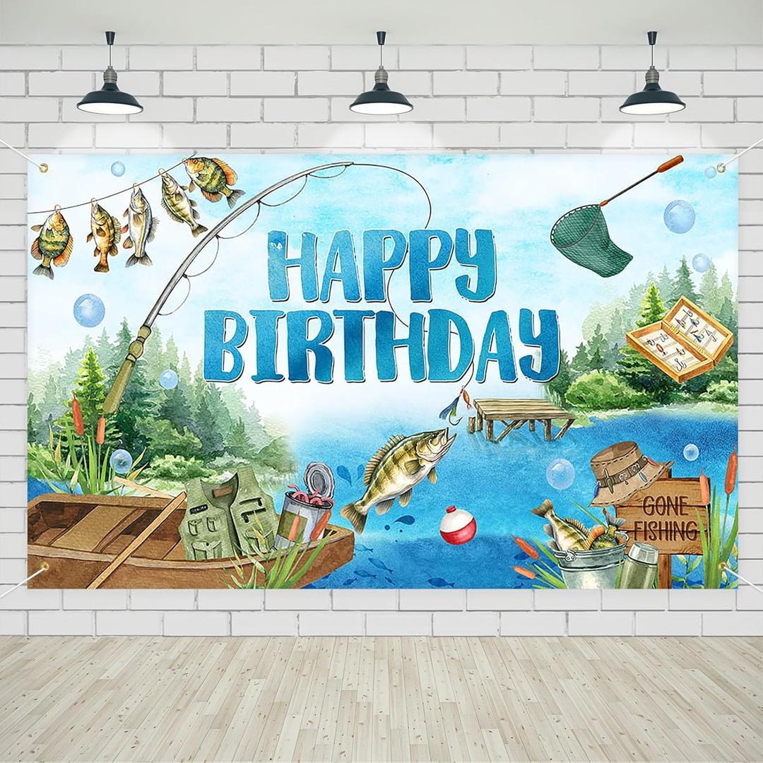 Avezano Gone Fishing Happy Birthday Banner 6 x 3.6 ft Fishing Birthday Party Decorations for Kids Men Fisherman Photo Booth Supplies