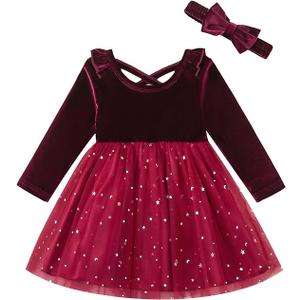 Toddler Girls Christmas Dress Ruffle Long Sleeve Tulle Velvet Dresses Winter Clothes Party Outfits, Size: 5-6T