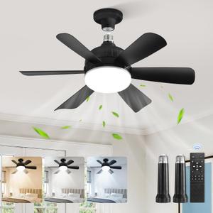 ZMISHIBO 1 Pack 17.9 Inch Socket Fan Light with Remote, Dimmable 3 Colors 6 Speed 1100 Lumens Light Bulb Fan Screw in Ceiling with Lights, Light Socket Ceiling Fan for Bedroom -Black
