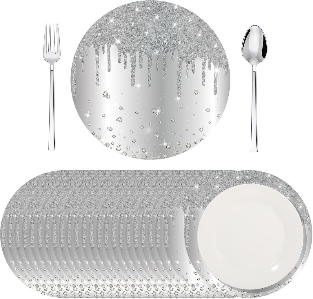Dispowreath 120 Pieces Silver Paper Placemats 13 Inch Glitter Diamonds Round Disposable Table Mats Decorative Paper Mats for Dining Wedding Birthday Silver Glitter Banquet Party, Large