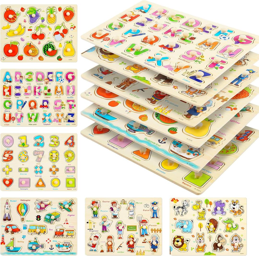 Wooden Peg Puzzles for Toddlers, 6 Pack Toddler Puzzles Set for 3 4 5 Years Old, Preschool Education Learning Puzzle Toys for Girls and Boys (Alphabet Number Animal Vehicle Fruit Occupation)