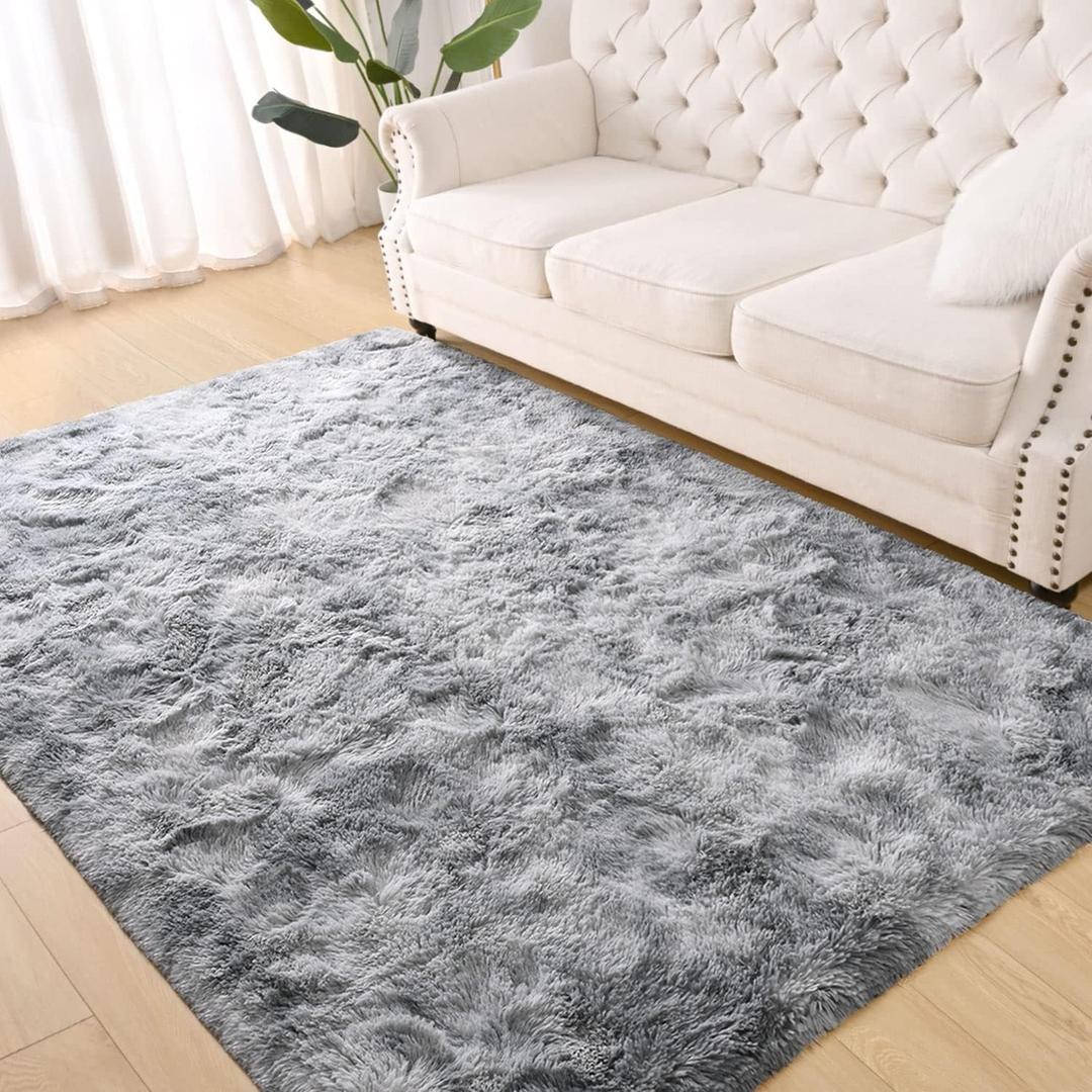 Terrug Fluffy Area Rugs for Living Room Bedroom, 5x7 Feet Tie-Dyed Grey Shag Large Rug Fuzzy Throw Carpet, Anti-Skid Modern Indoor Shaggy Rug for Boy Girls Kids Nursery Room Dorm Home Decor (7' x 5' (Rectangular), Tie-dyed Light Grey)