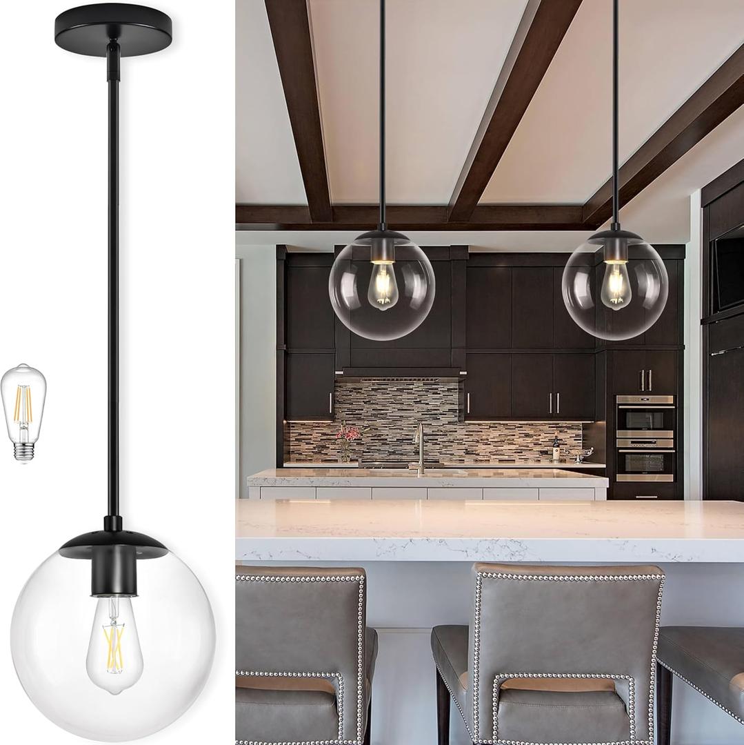 10 Inch Globe Pendant Light Black Mid Century Pendant Light Contemporary Globe Pendant Lights Clear Glass Pendant Lights Adjustable Hanging Light Fixture Clear Glass with Black Finish for Dining Room