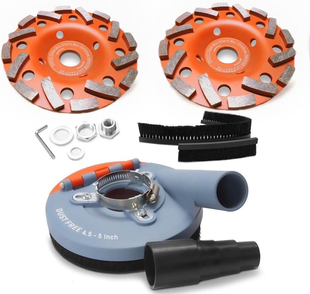 Dust Shroud for Angle Grinder 4.5-5 inch + 2 PCS Diamond Grinding Cup Wheel 5 inch + Replacement Brush, Universal Surface Grinding Shroud Kit for Various Surfaces