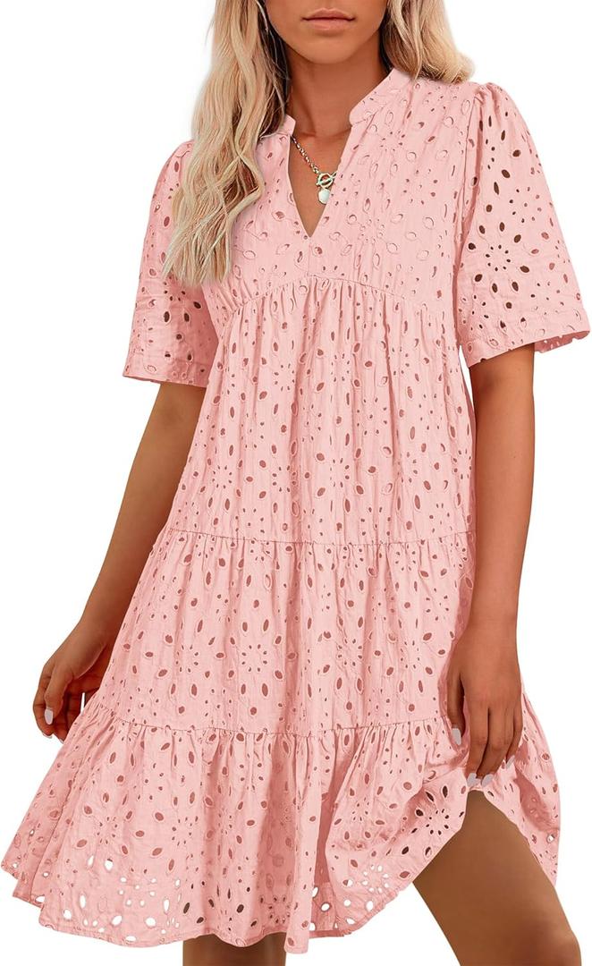 BTFBM Womens Boho Summer Dresses 2026 Spring V Neck Short Sleeve Hollow Out Lace Ruffle Casual Beach Mini Vacation Dress (XX-Large, Pink)