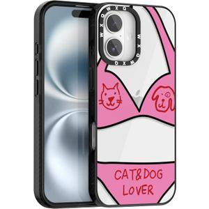 for iPhone 16 Case TPU+PC Premium Colorful Drop Protection Case Excellent Shock Absorption Military Grade Drop Protection Pink Playful Cat Dog Underwear Pattern Phone case