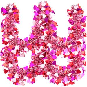 20FT/6M Valentine's Day Tinsel Garland, Pink White Heart Metallic Tinsel Twist Garland Shiny Hanging Garland Decoration for Valentines Day Wedding Birthday Party Supplies