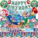 Cartoon Birthday Decorations, Include Backdrop Tablecloth Banner Balloons Hanging Swirls Tableware Set Cake Cupcake Toppers Stickers