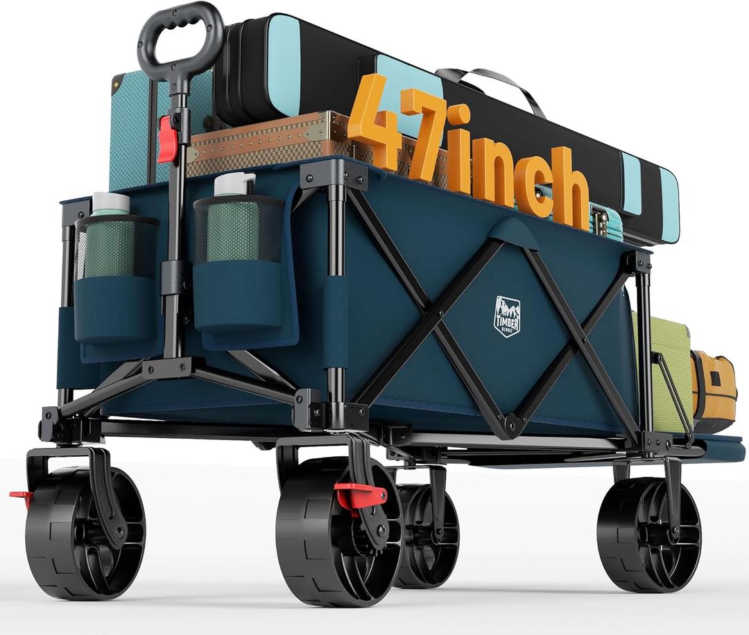 Timber Ridge 47" L Collapsible Wagon with Tailgate & Brake, 300 lbs Heavy Duty Beach Wagon with All-Terrain Big Wheels, 250L Foldable Utility Cart for Sand Camping Sports Shopping, Blue