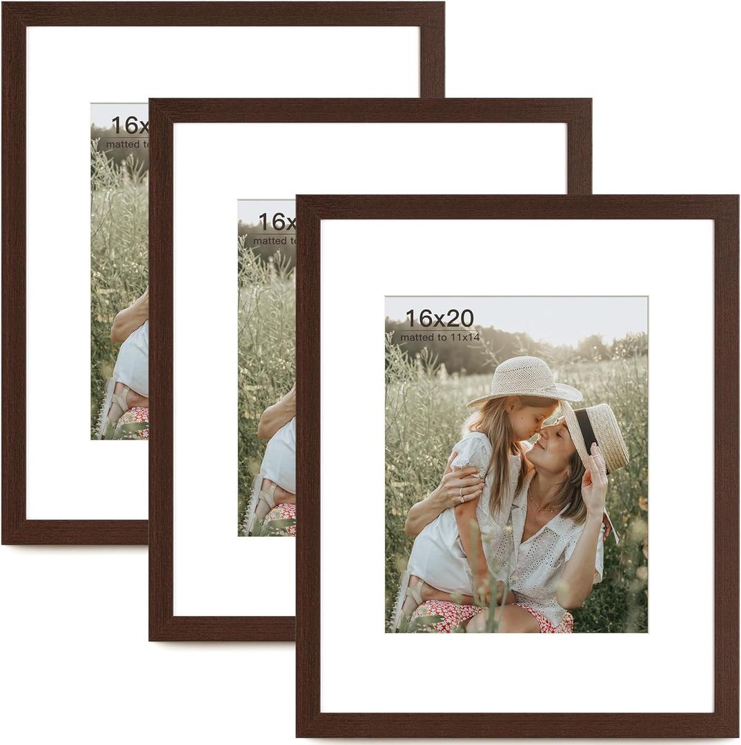 16x20 Picture Frame with Mat for 11x14 Set of 3, Dark Brown Wood Grain 16x20 Frames for Wall Mounting (3 Pack, Walnut)