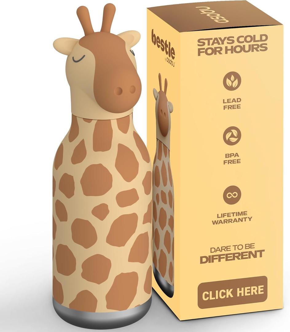 asobu Bestie Bottle Insulated Stainless Steel Water Bottle with Detachable Soft Animal Head Fun Drinking For Kids and Teens16 Ounce with Flexible Reusable Straw (GIRAFFE)