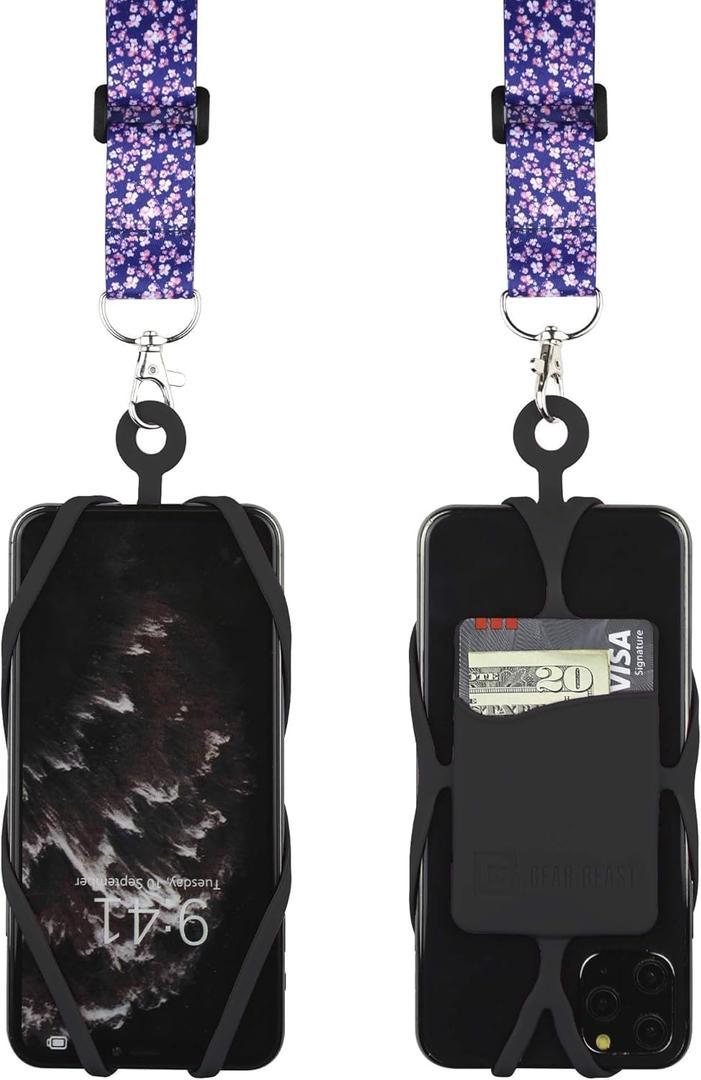 Gear Beast Cell Phone Lanyard - Universal Mobile Phone Lanyard with Case Holder,Card Pocket,Soft Neck Strap,and Adjustable Clip - Compatible with iPhone,Galaxy & Most Smartphones - Cherry Blossom