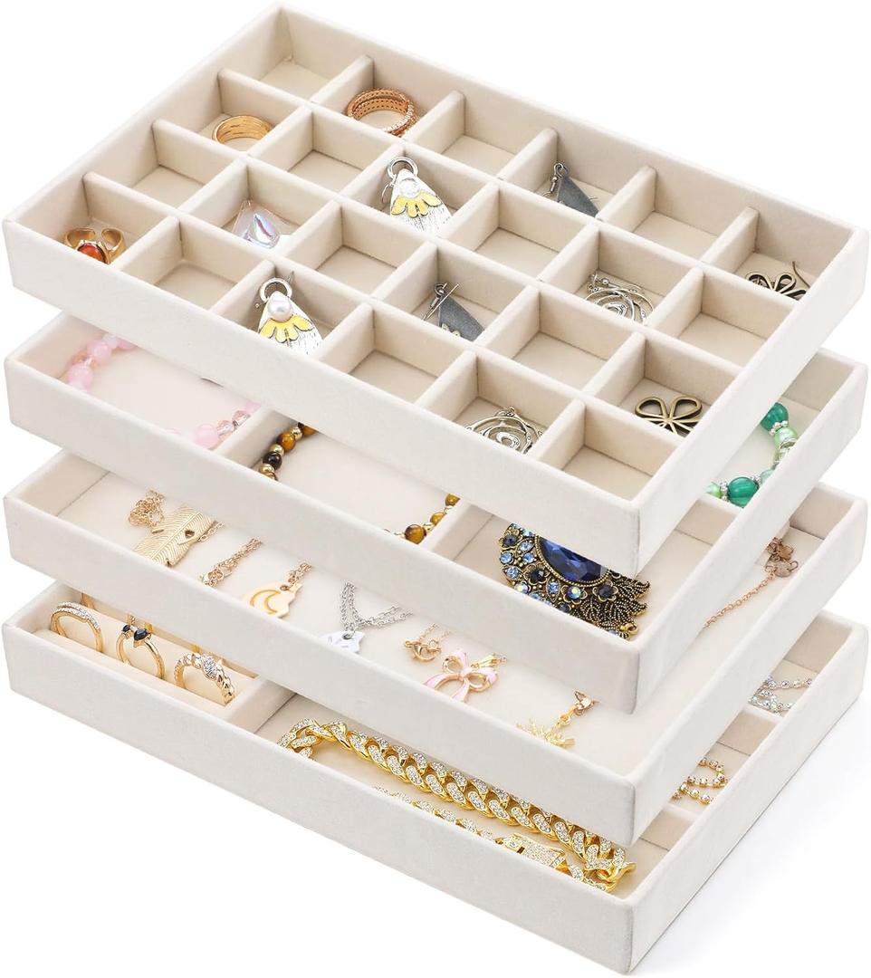 Jewelry Drawer Organizer Tray Set of 4 Stackable Velvet Jewelry Trays Drawer Inserts Organizer Case Set for Women Jewlery Storage Display Tray for Earrings, Rings, Necklaces, Bracelets, Watch (Beige)