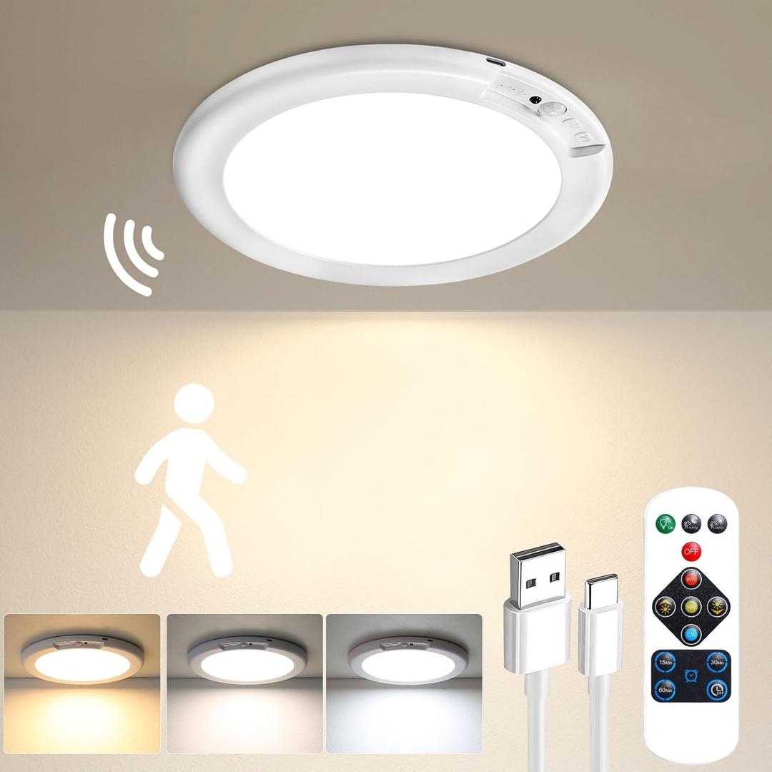 Gotopceed Rechargeable Motion Sensor Ceiling Light with Remote - Magnetic Wireless Ceiling Light Battery Powered for Closet Shower Stairs Shed Hallway ect (1 Pack, 3 Colour Temperatures)