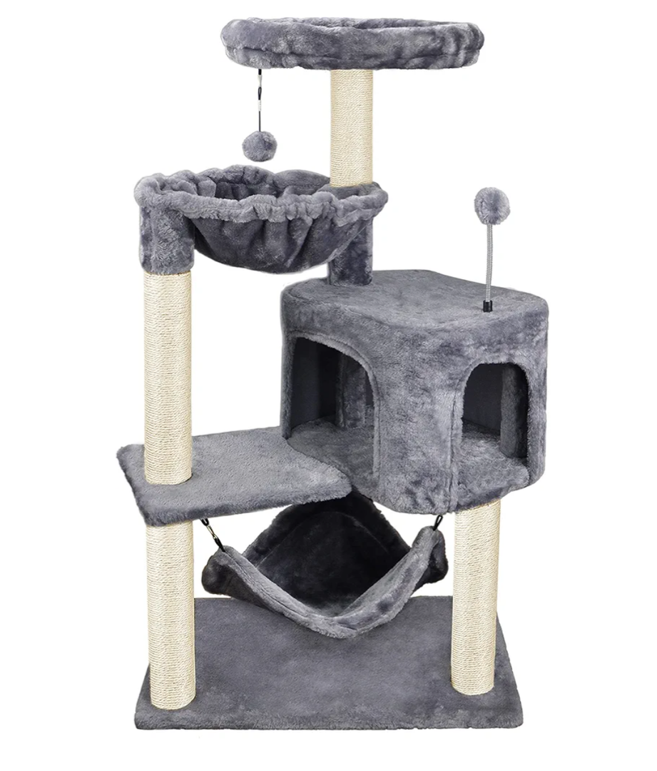 Cat Tree with Cat Condo and Big Hammock, Grey
