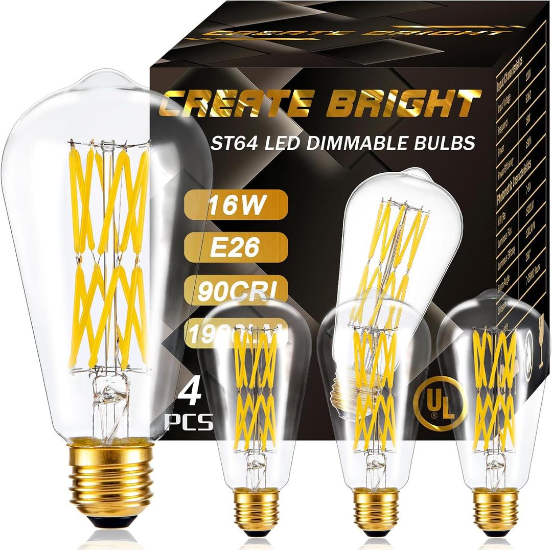CREATE BRIGHT Dimmable Light Bulbs Vintage Style ST64 Led Bulbs 16W Neutral Light Led Edison Filament Bulbs High Brightness E26 Base,1920 Lumen,4000K,4 Pack