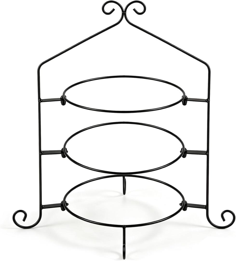 3 Tier Pie Plate Stand, Wrought Iron Dessert Display Rack, Plates Not Included, for 10 to 12 Inch Pie Plates, 9.25" Center Rings, Detachable, for Pies, Cakes, Desserts & Dinner Plates