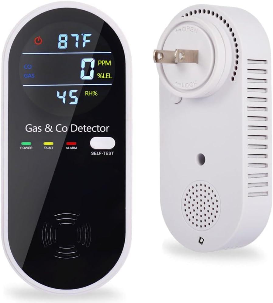 Carbon Monoxide and Gas Detectors, Plug in Carbon Monoxide Detector & Natural Gas Combination Detectors with Clear LCD Display, 4-in-1 CO & Gas Detector with Temperature and Humidity Display