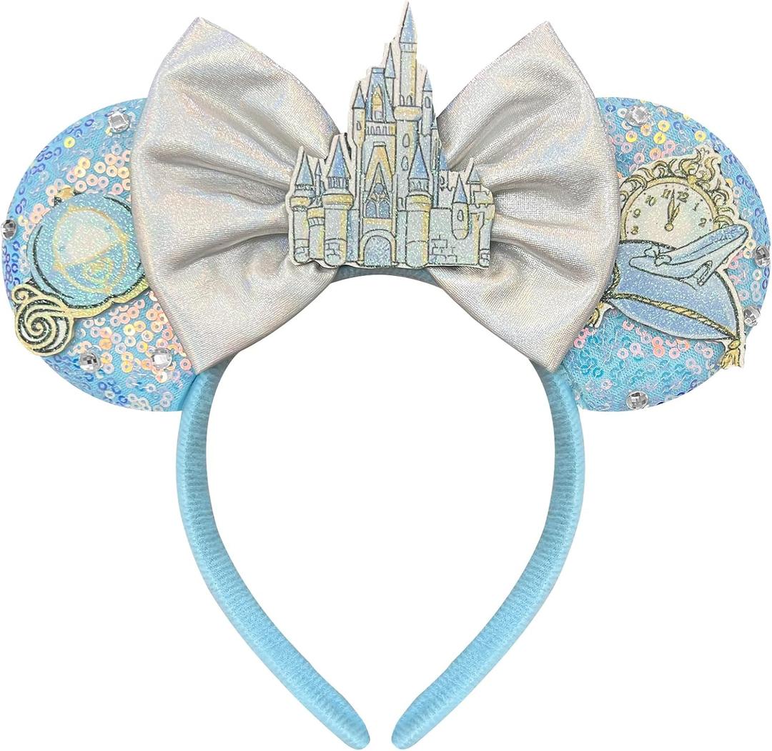 Hairband for Women Adult Blue Sequin Mouse Ears Headband with Castle Bows for Park Ears