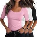 Neer 3 Pack Women's Scoop Neck Stretchy Tops Cotton Half Sleeve Slim Fitted T-Shirts Tight Casual Basic Summer Tees (Medium, Black, White, Pink)
