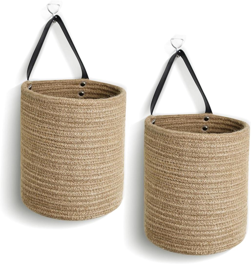 WILLITAT Hanging Basket 2 Pack, Small Wicker Wall Baskets for Organizing, Woven Boho Wall Hanging Decor, Indoor Plant Holder, Cotton Rope Door Organizer, Shelf Storage Bin, 7"D x 8"H (Jute)