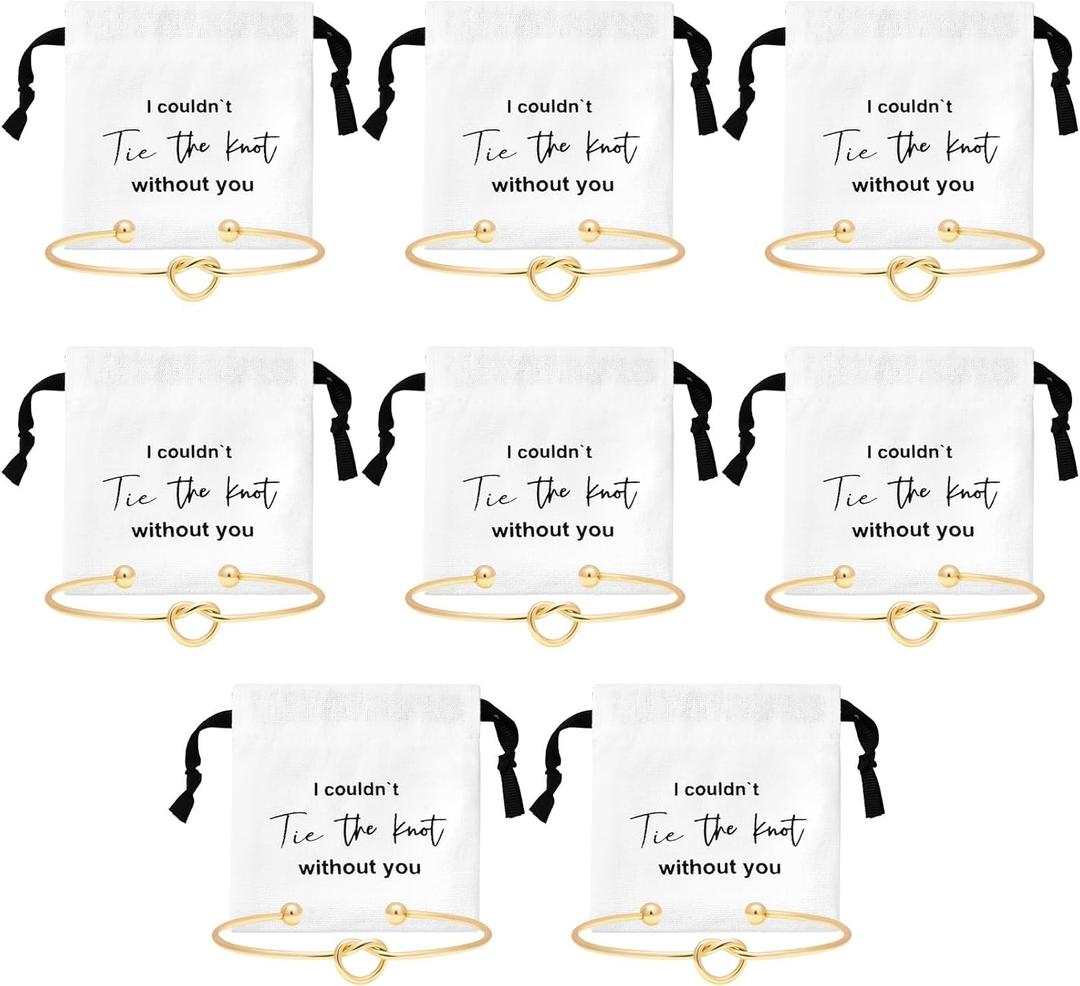 16 Pcs Jewelry Pouch Set of 8 Linen Cotton Small Drawstring Bags & Bridesmaid Knot Bracelet Jewelry Packaging Proposal Gift Bridal Party Favors (Gold)
