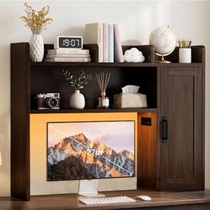 Desktop Bookshelf, Desk Hutch with RGB LED Lights & Power Outlets, 37.4" with LED