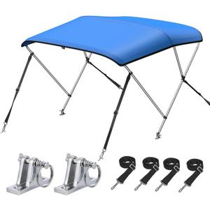 KAKIT Bimini Top for Boats, Metal Base (3 Bow 6'L x 46" H x 73"-78" W,Blue) Heavy Duty, Anti-UV, Waterproof, Support Poles, 4 Straps, Zippered Storage Boot, Marine Grade Oxford