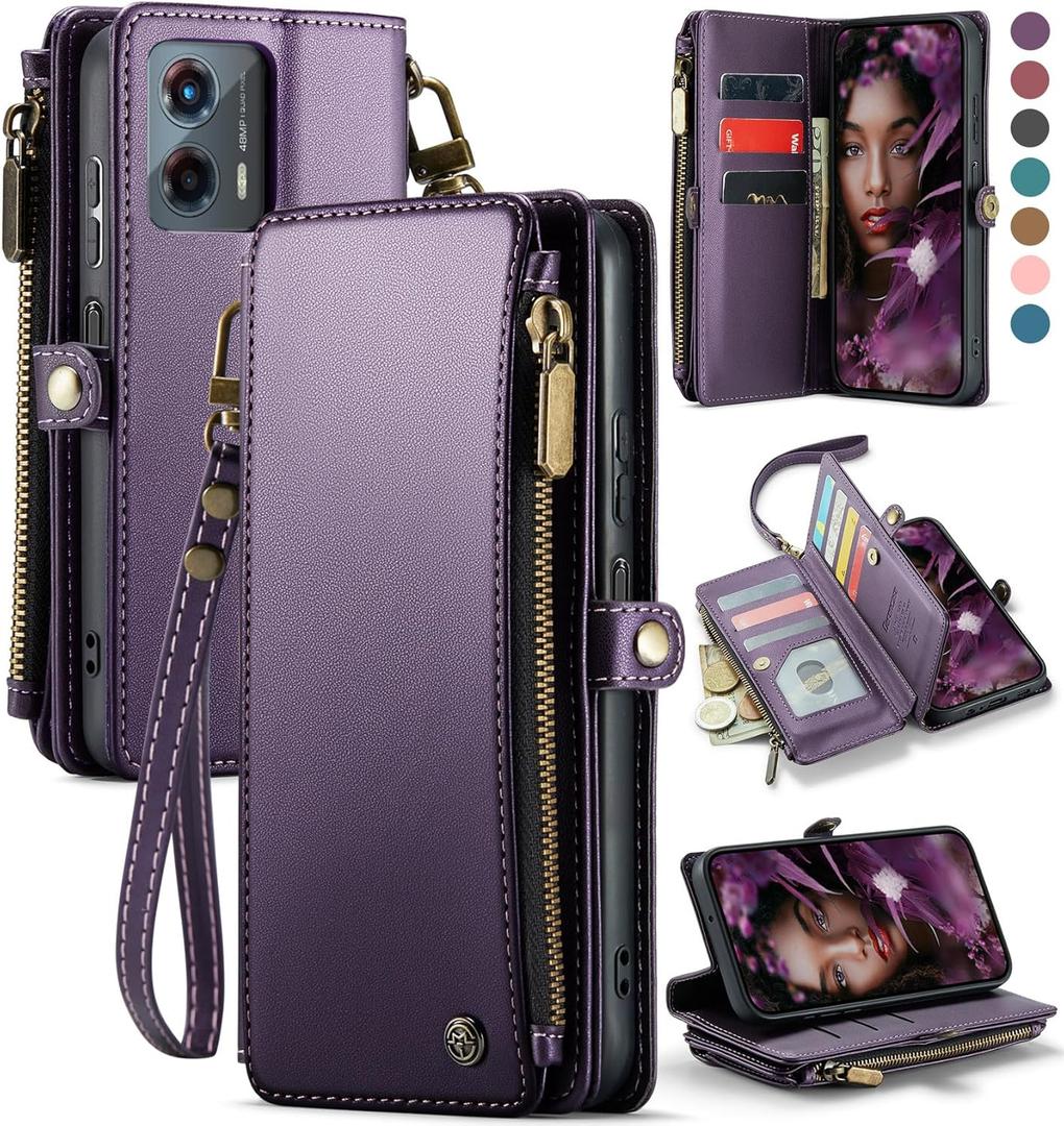 Defencase Compatible with Moto G 5G 2024 Case, RFID Blocking Wallet Case for Motorola Moto G 5G 2024 Fashion PU Leather Flip Strap Zipper Card Holder Phone Case for Women, Purple