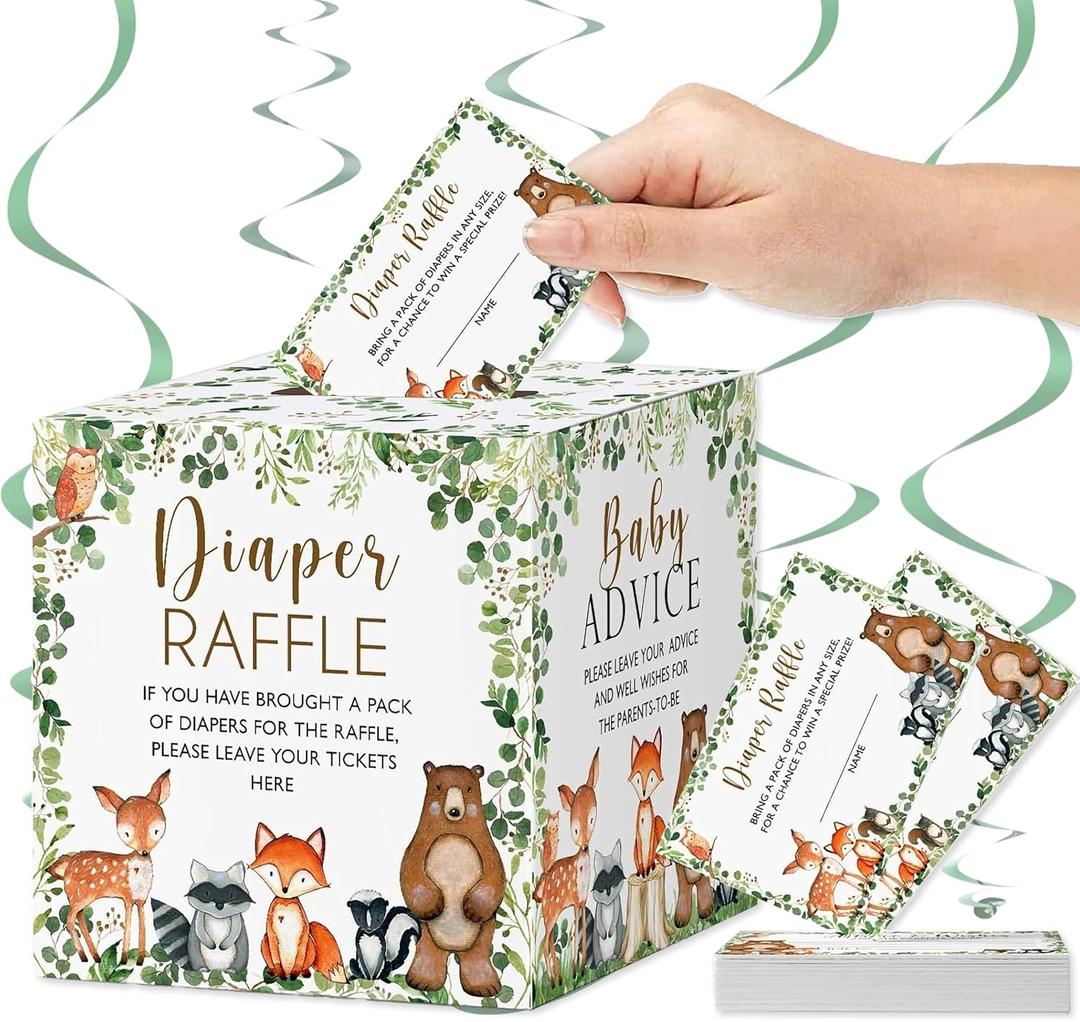 Woodland Diaper Raffle & Baby Advice Cards - Forest-Themed Gender-Neutral Baby Shower Game Tickets for Diaper Raffle Box, Deer, Fox & Owl Design Party Supplies (Green Eucalyptus Border)