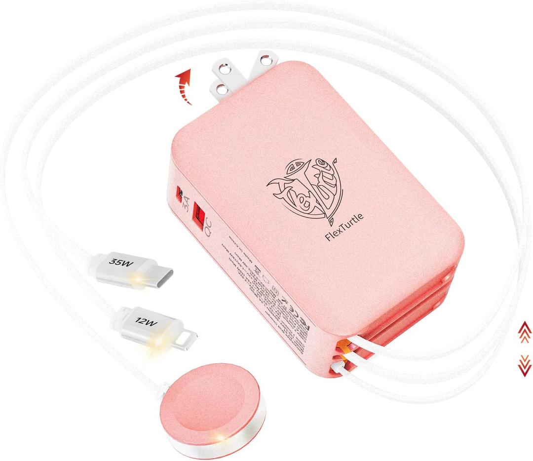 Retractable Apple Watch Charger, 5 in 1 Travel Charging Station for Apple Devices, Retractable Chargers for Multiple Devices with Multi Charging Cable, Charger Block for Apple Gear (Pink)