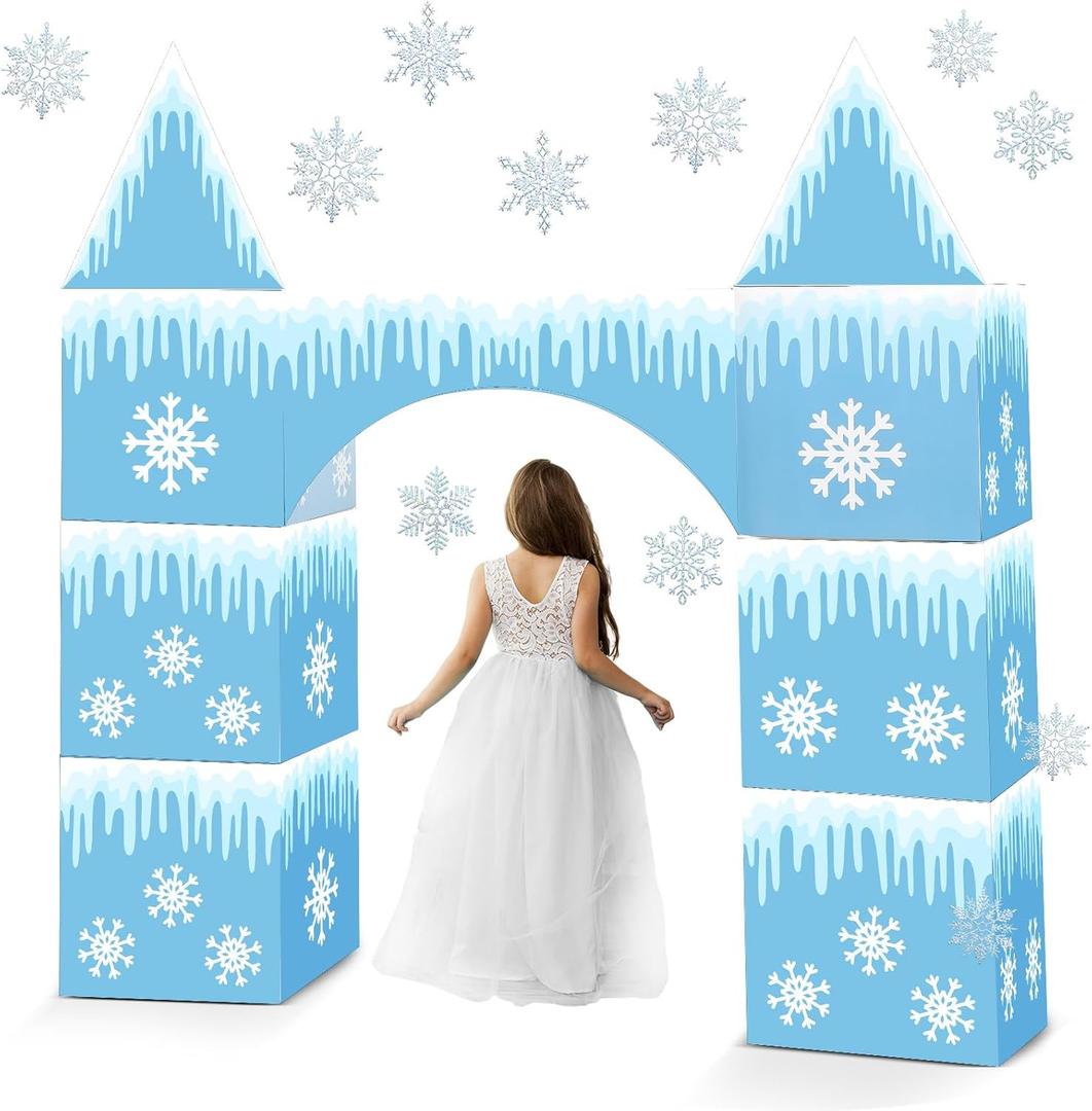 Bucherry 9 Pcs Wonderland Cardboard Castle Playhouse Large Winter Snowflake Party Decorations Princess Castle 43 x 51 Winter Party Decoration Box Snowflake Cardboard Fort for Kid Girl Birthday Gift