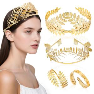 4 Pieces Adjustable Gold Greek Goddess Costume Dress Accessories, 2Pcs Arm Cuff Upper Arm, 2Pcs Leaf Crown headband, Halloween Wedding Costume Hair Accessories for Women (2.7" Height) (1 Count (Pack of 4))