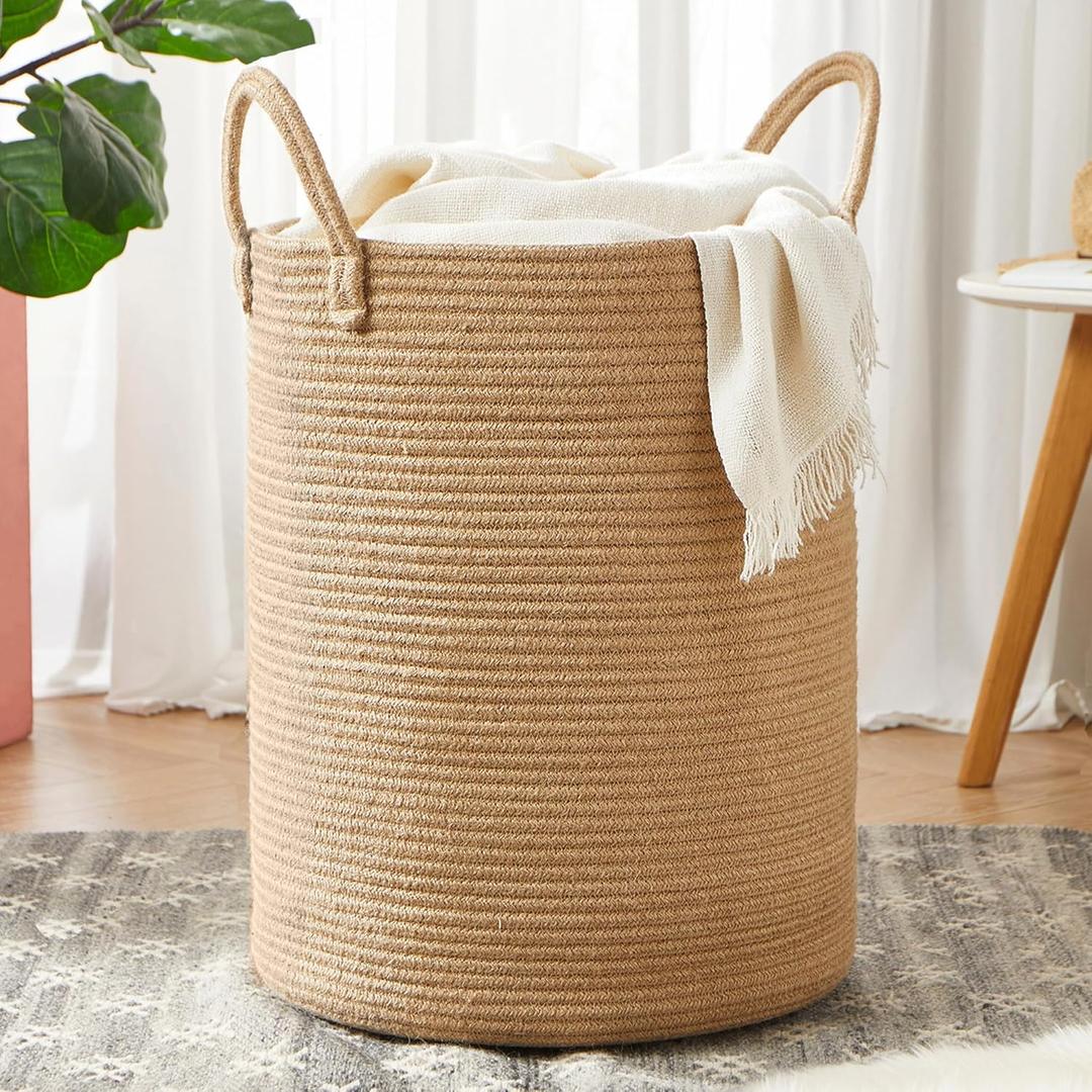 15Dx20H inches Jute Woven Hamper Laundry Basket Wicker Rope Clothes Hamper for Baby Nursery Kids Tall Rattan Blanket Basket in Living Room Bedroom 60L Large Capacity