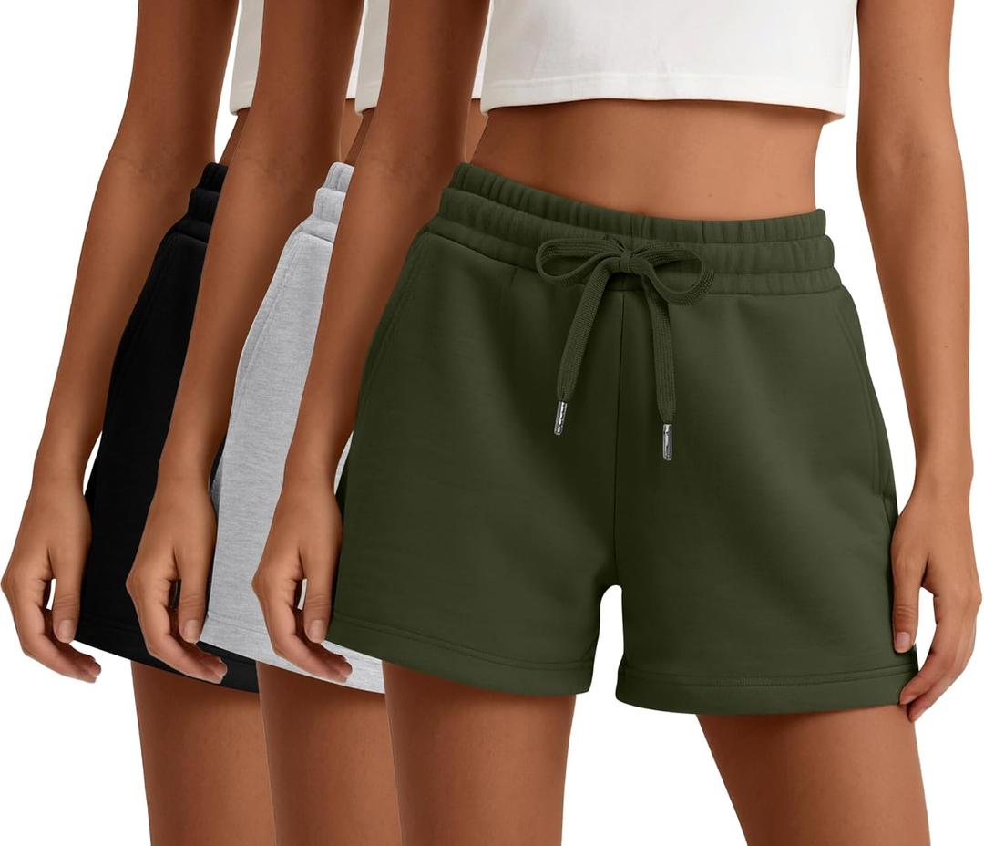 3 Pack Womens Sweat Shorts Drawstring High Waist Summer Athletic Loose Elastics Sweatpants with Pockets (Medium, Black, Light Gray, Green)
