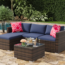 Garvee 5 Piece Outdoor Sectional Sofa Set All Weather PE Rattan Patio Furniture with Ottoman and Tempered Glass Table Convertible Garden Couch for Backyard Porch Poolside Brown and Navy Blue