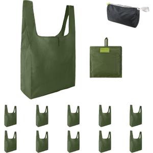 BeeGreen Green Reusable Grocery Bags Wholesale Green Reusable Kitchen Bags Bulk Foldable-Machine Washable with Zipper Storage Pouch 10 Packs (Solid Military Green)