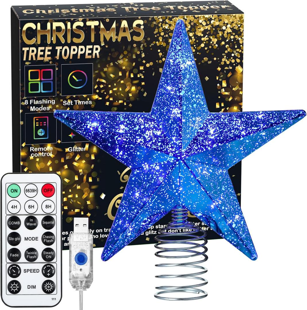 Blue Christmas Tree Star Topper with Lights, 8.5-Inch Light-Up Christmas Tree Topper with Remote Control, 4 Brightness Levels & 8 Light Modes, Faux Mercury Glitter Design with 20 Lights