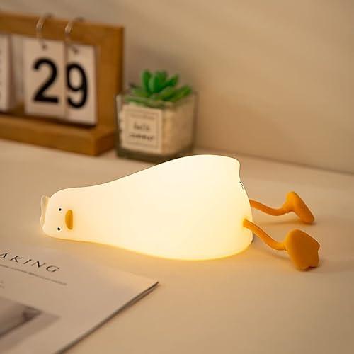 LYQTloml Lying Flat Duck Night Light, LED Squishy Duck Lamp, Cute Light Up Duck, Silicone Dimmable Nursery Nightlight, Rechargeable Bedside Touch Lamp for Breastfeeding, Finn The Duck