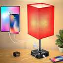 cozoo USB Bedside Table Desk Lamp with 2 USB Charging Ports and 2 Outlets Power Strip,Dimmable Table Lamp with Red Fabric Shade, LED Light for Bedroom/Nightstand