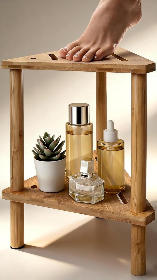 Shower Foot Rest 15in, Shower Stool for Shaving Legs, Waterproof Wood Corner Shower Stool with Storage Shelf for Inside Small Shower Spaces, Bamboo