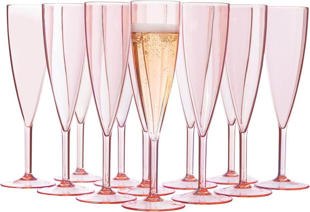 US Acrylic Plastic Reusable Champagne Flute (Set of 12) Rose Pink 5oz Stems | BPA-Free, Shatterproof, Made in USA | Top-Rack Dishwasher Safe