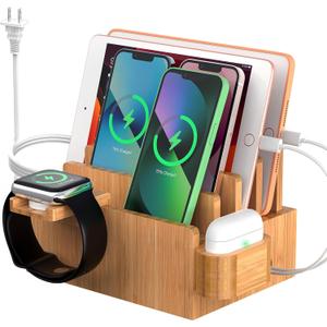 Pezin & Hulin Bamboo Charging Station for Multiple Devices with 5 Port USB Charger, 5 Cables, Watch&Earbuds Stand, Electronic Device Desktop Organizer for Cellphone, Tablet, Watch, Earbuds