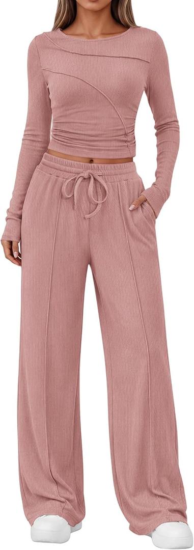 Lazysmile Lounge Sets For Women 2 Piece Sets Fall Outfits Long Sleeve Tops with Wide Legs Pants Casual Matching Set